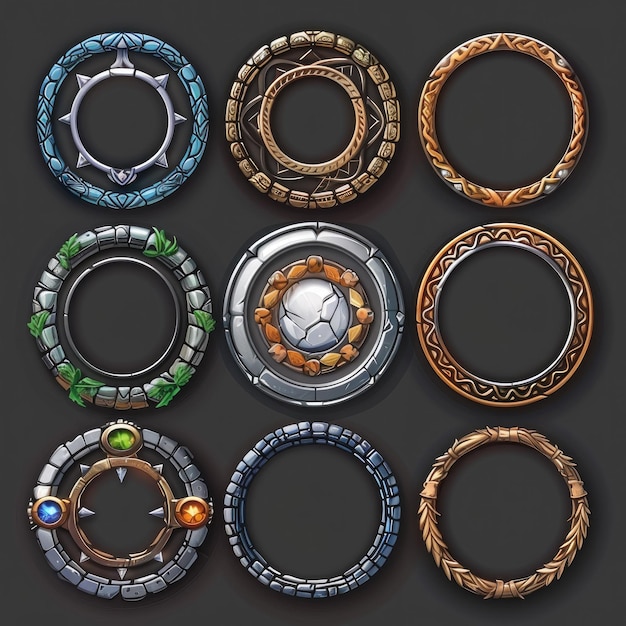 game round interface frames cartoon ui circle game asset items empty golden medieval silver textured