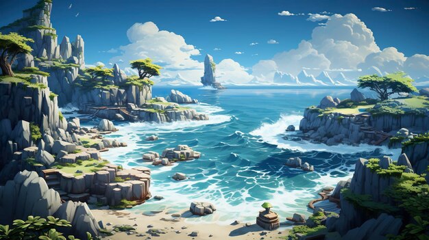 Foto scena del gioco sfondo natura mare e rocce