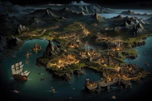 섬과 해적 선박의 판타지 개념을 가진 게임 장면 생성 AI