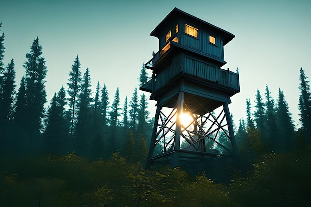 Photo a game scene with a tower in the middle of a forest.