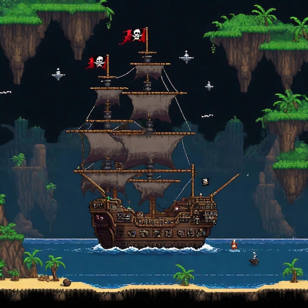 A game screenshot of a pixel art pirate ship in a tropical setting