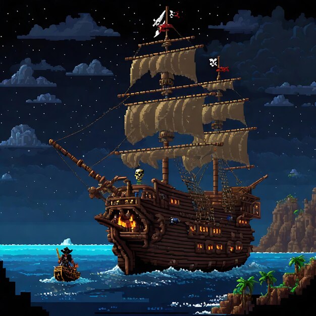 A game screenshot of a pixel art pirate ship in a tropical setting