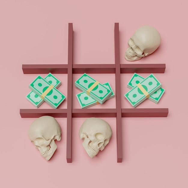 Photo game of tictactoe with a skull as a symbol of death and money money can postpone death 3d render