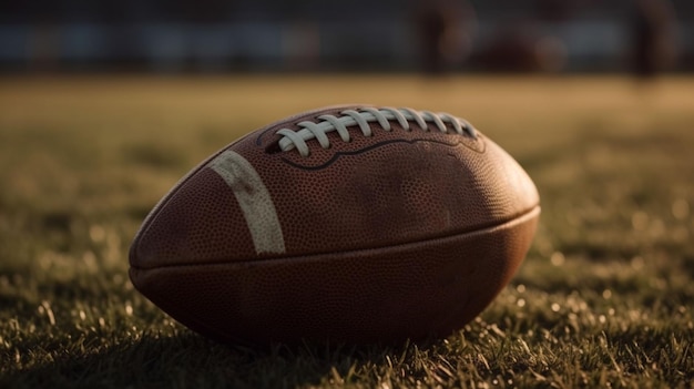 Game time A closeup of an American football on the field of play