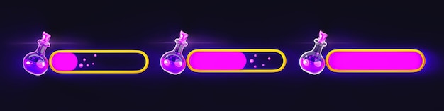 Game ui loading progress bars 3d render set Magic cartoon interface design elements Status of love power energy en resource potion flessen en roze vloeistof in gouden metalen frames