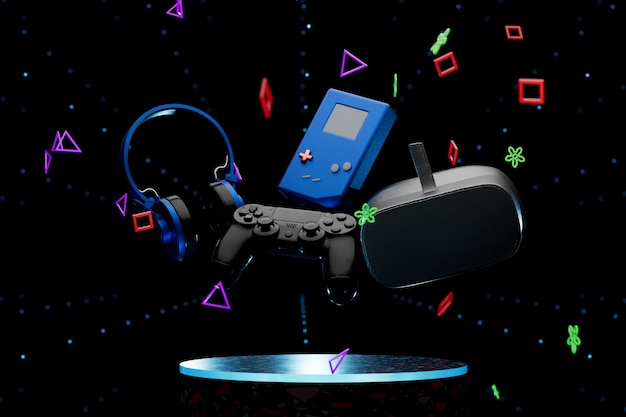 gamepad on a black background on a podium with neon particles 3d