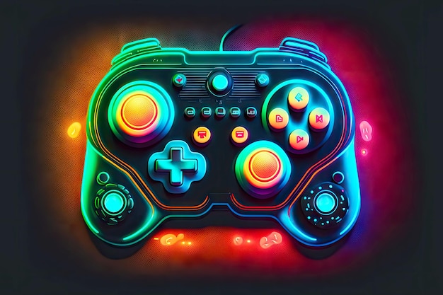 Photo gamepad for games with bright buttons and surrounded by neon lights