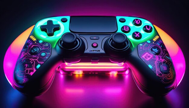 Gamepad with colorful neon lights on a dark background 3d rendering