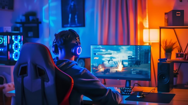 Gamer bezig met een intense gaming sessie's nachts kleurrijke kamer verlichting stelt de stemming een moderne thuis gaming setup in actie professionele gaming ervaring AI