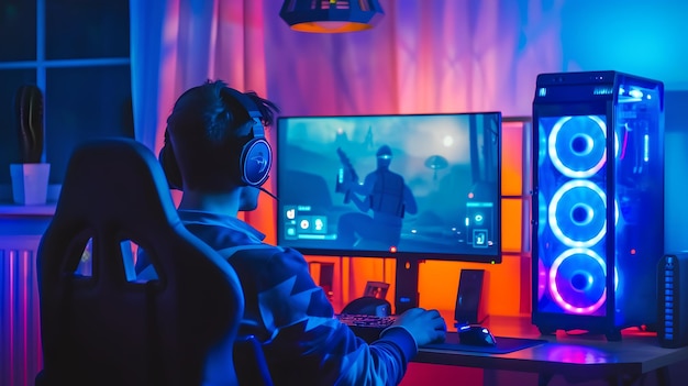 Gamer bezig met een intense gaming sessie's nachts levendige LED-verlichting die de kamer verlicht Moderne gaming setup afgebeeld in een hedendaagse lifestyle beeld AI