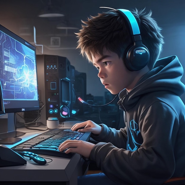 A gamer boy in front a computer generative ai