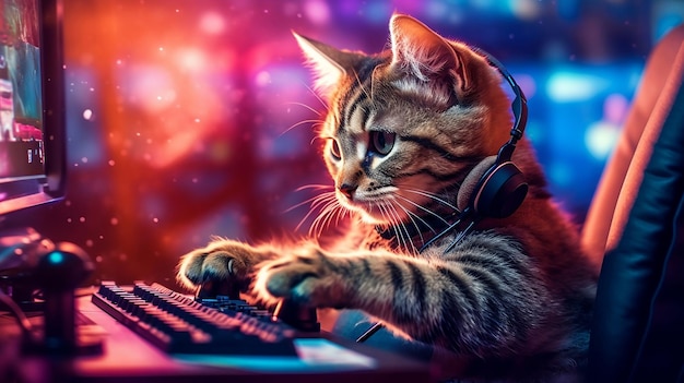 A gamer cat with headphones inside his gamer setup plays video games on a gamer PC