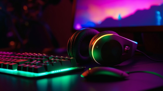 gamer devices for playing game by joystick with computer headphone and mouse on neon glow gaming