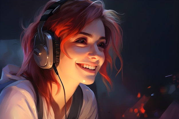 Gamer girl wearing headphones smiling