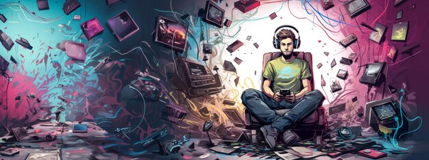 Photo gamer in his room sketch generative ai