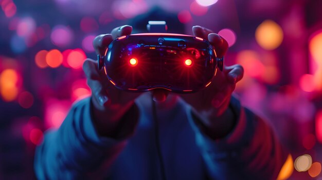 Photo gamer holding a glowing vr controller in neon ambiance