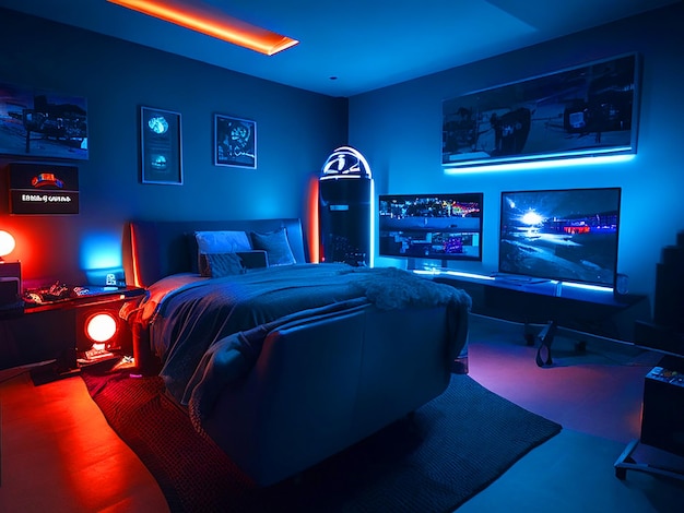 gamer kamer met een bed's nachts de omgevingsverlichting van de monitors werpen een serene gloed