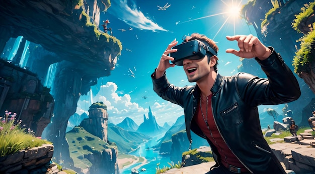 Gamer man having fun with virtual glasses on an adventure