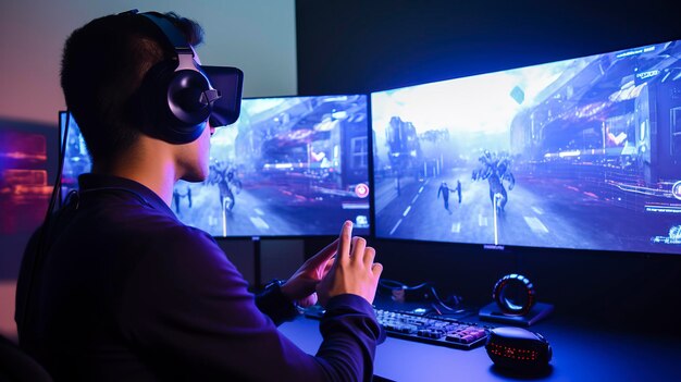 Foto gamer met headset die speelt op een multi-monitor setup met immersieve graphics