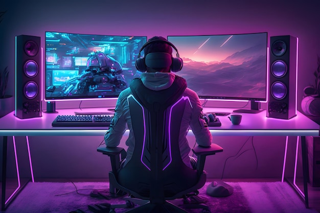 Premium AI Image  A futuristic PC gamer busy in a virtual reality world  surrounded by neon lights advanced technology