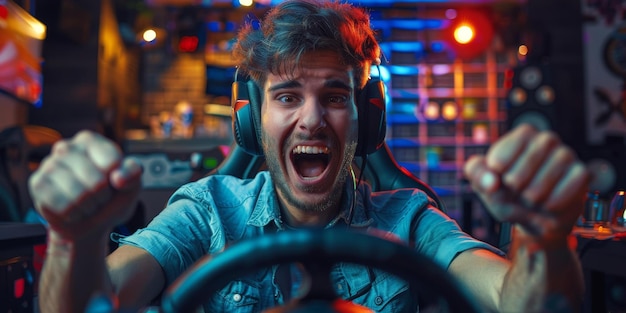 Foto gamer op de computer die racesimulator videospel speelt met stuurwiel