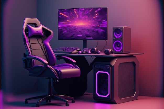 Настройка геймерского ПК со столом, стулом и компьютерным фиолетовым фоном AI
