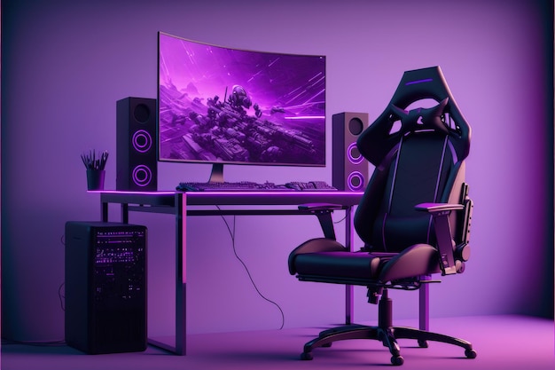 Gamer PC setup with table chair and computer purple background AI