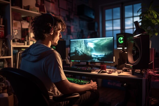 gamer person playing in the room with computer