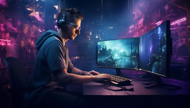 A gamer playing on desktop pc computer gaming illustration Commercial photography