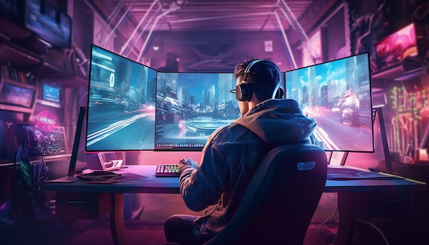 Premium Photo  Gamer playing on desktop pc computer gaming illustration