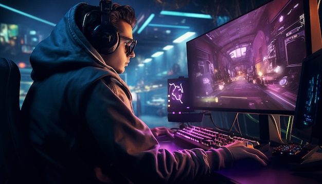 A gamer playing on desktop pc computer gaming illustration Commercial photography