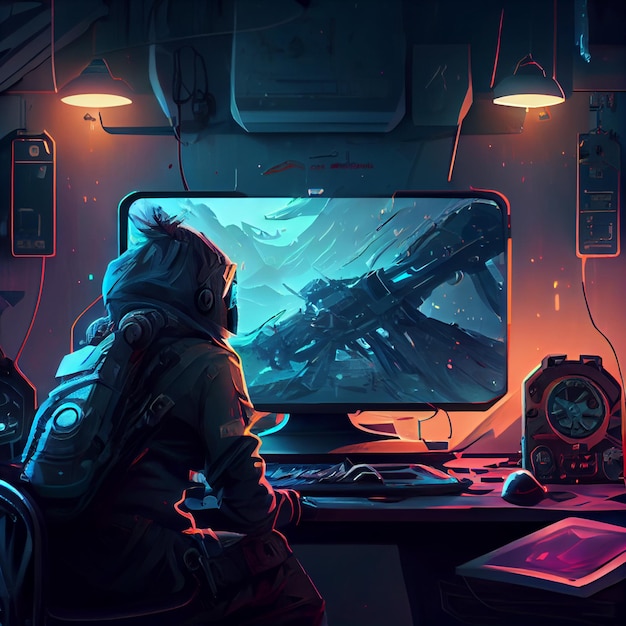 Gamer playing on desktop PC computer gaming illustration