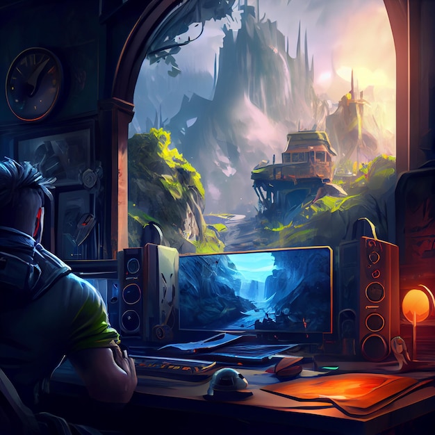 Premium Photo  Gamer playing on desktop pc computer gaming illustration