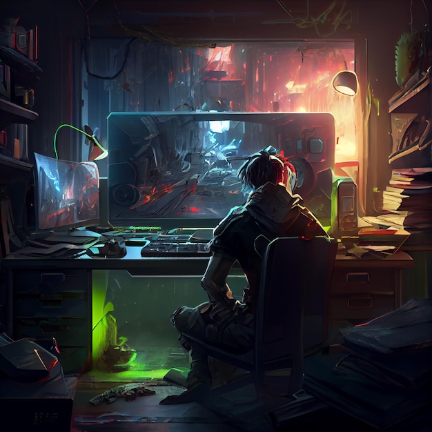 Gamer playing on desktop PC computer gaming illustration