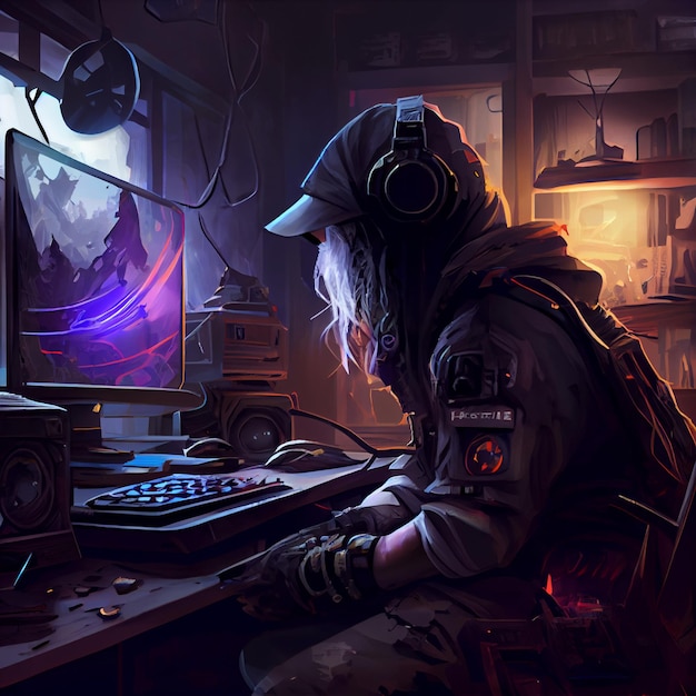 Gamer playing on desktop PC computer gaming illustration