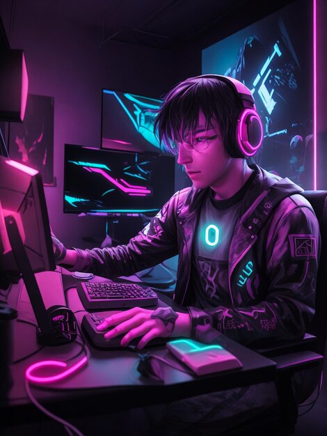 Gamer playing in front of the screenwith neon