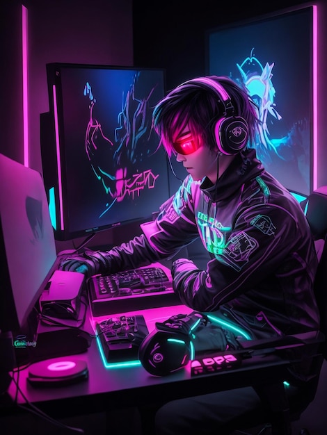 Foto un giocatore che gioca davanti allo schermo con il neon