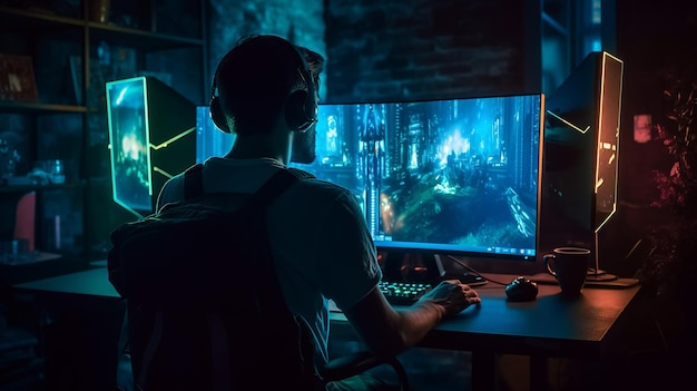 Gamer Playing Online Game on PC in Dark Room Stock Photo - Image of online,  colorful: 213130418