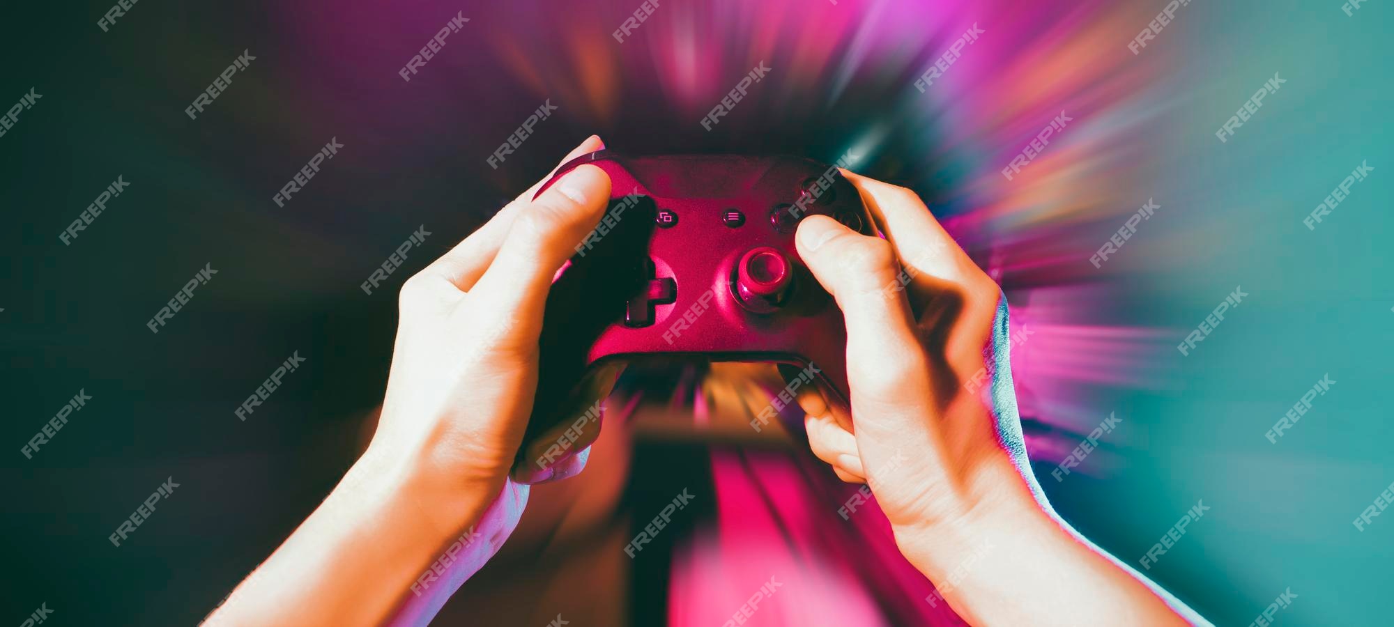 Premium Photo  Gamer playing the online game with joystick controller in  neon glow dark cyberpunk room gaming and esports challenge tournament  streaming streamer with analog device in living house