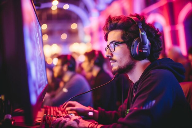 Gamer playing shooter games with other players late at night during gaming championship