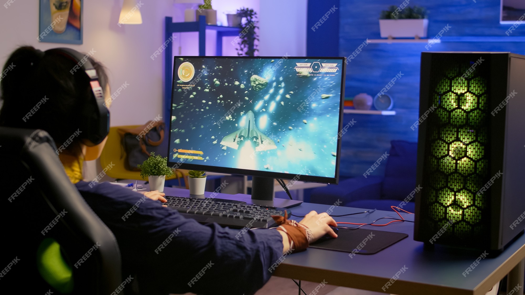 Premium Photo  Excited player winning an important virtual egame  competition of space shooter video game playing on powerful computer