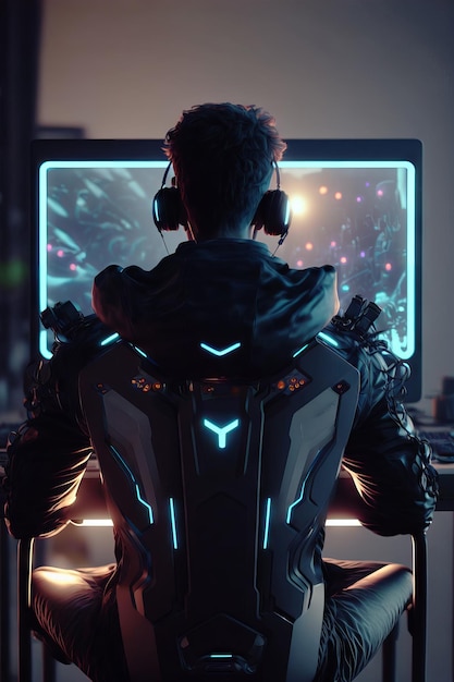 Gamer playing video games in a futuristic interior