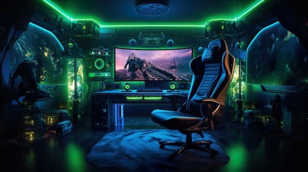 Gamer Room Interior of a gamer room lit with neon lights Generate AI