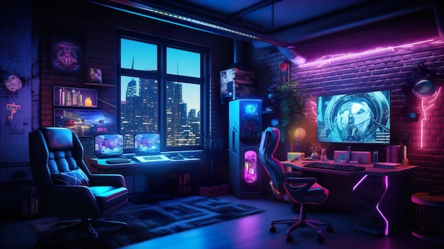 Gamer Room Interior of a gamer room lit with neon lights Generate AI