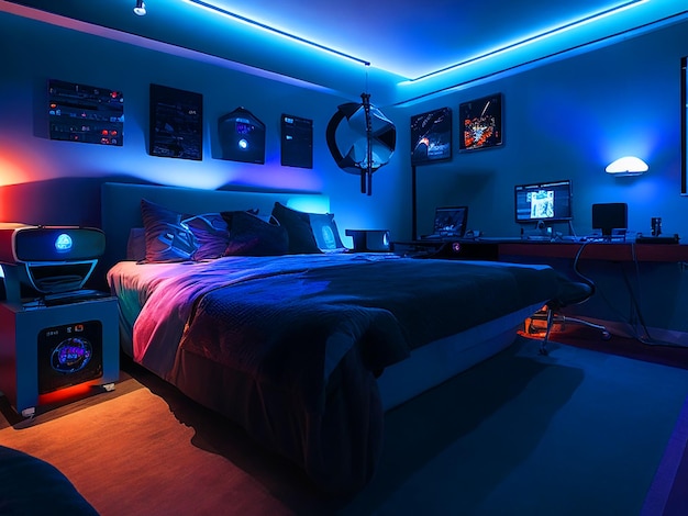 gamer room with a bed at night the ambient lighting from the monitors casting a serene glow