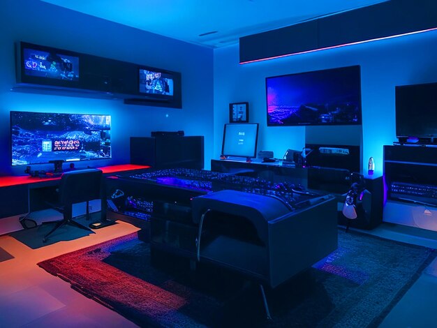 gamer room with a bed at night the ambient lighting from the monitors casting a serene glow