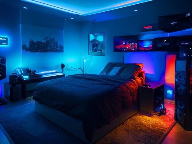 gamer room with a bed at night the ambient lighting from the monitors casting a serene glow