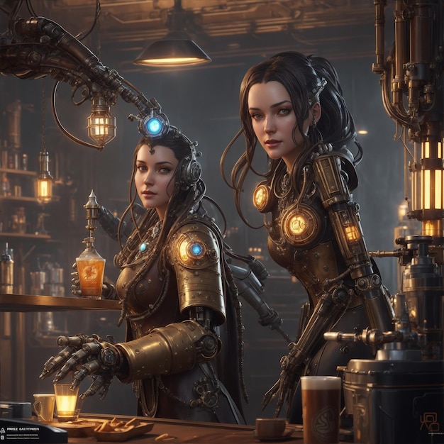 a gamer steampunk robot bar lighting serving coffee and chips