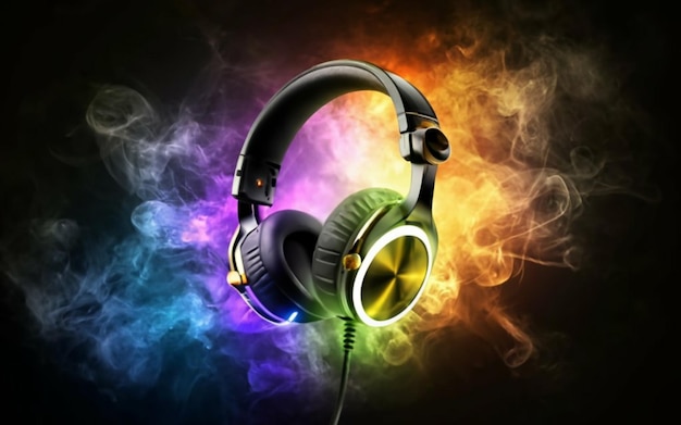 Gamer style headset in black with LED and colored smoke background giving a mystery effect