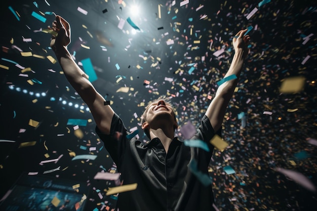 A gamer triumphantly raising their controller in the air surrounded by confetti